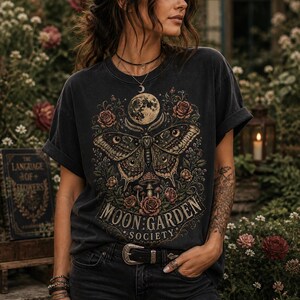 May include: A charcoal gray short-sleeve t-shirt featuring a graphic print of a large moth, a full moon, roses, and mushrooms. The text "MOON GARDEN SOCIETY" is printed in a decorative font at the bottom of the design, which is centered on the chest.