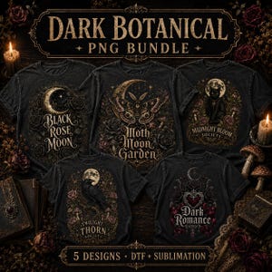 May include: A collection of five black t-shirts featuring dark botanical graphic designs. The prints include a crescent moon with roses, a moth, a black cat, a raven, and a heart, with text reading Black Rose Moon, Moth Moon Garden, Midnight Bloom Society, Twilight Thorn Society, and Dark Romance.