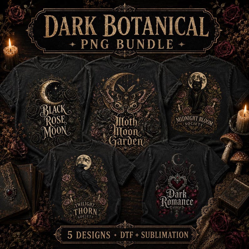 May include: A collection of five black t-shirts featuring dark botanical graphic designs. The prints include a crescent moon with roses, a moth, a black cat, a raven, and a heart, with text reading Black Rose Moon, Moth Moon Garden, Midnight Bloom Society, Twilight Thorn Society, and Dark Romance.