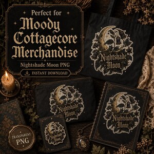 May include: A black tote bag, a zippered pouch, a spiral-bound notebook, and a small rectangular card, all featuring a gold and white graphic of a crescent moon surrounded by nightshade flowers and the text Nightshade Moon in a gothic font.