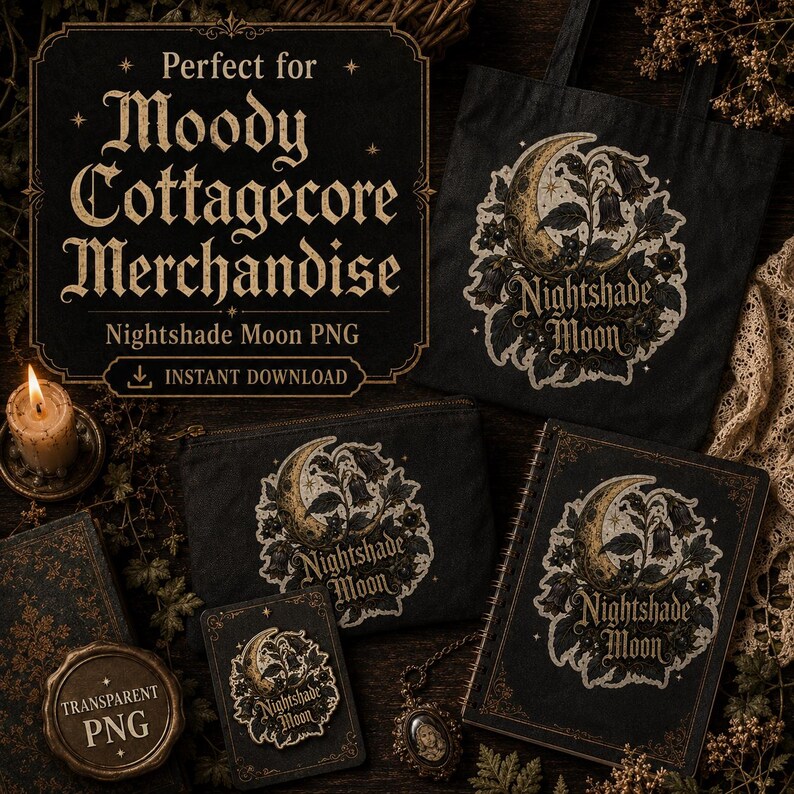 May include: A black tote bag, a zippered pouch, a spiral-bound notebook, and a small rectangular card, all featuring a gold and white graphic of a crescent moon surrounded by nightshade flowers and the text Nightshade Moon in a gothic font.