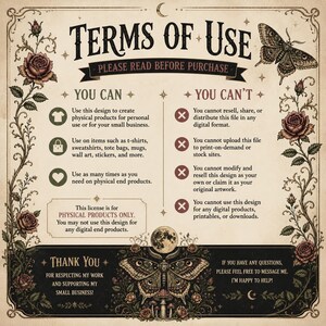 May include: A beige informational graphic titled Terms of Use with black text, featuring decorative rose vines on the sides and two moth illustrations. It outlines permitted and prohibited uses for physical products, including a thank you note.