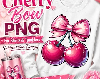 Cherry Bow PNG Sublimation Design, Coquette Cherry Clipart, Pink Bow DTF Shirt Design, Cute Girly Summer PNG
