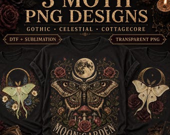 Moth PNG Bundle, 3 Gothic Luna Moth Shirt Designs, Sublimation designs