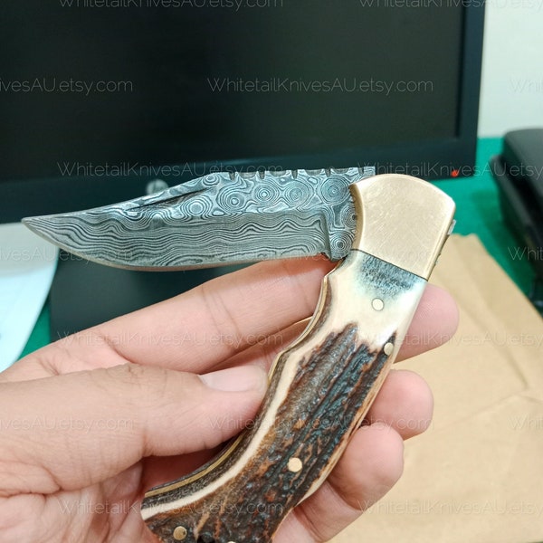 Groomsmen Gifts, Stag Antler Horn Folding Knife, Damascus Steel Blade, Handcrafted Knife, Wedding Gift, Custom Birthday Gift, Gift for Him