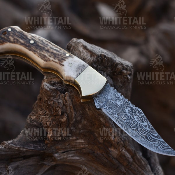 Handmade Antler Folding Knife, Stag Antler Knife, Damascus Steel Pocket Knife, Housewarming Gift, Unique Gift for Boyfriend, Engraved Gifts