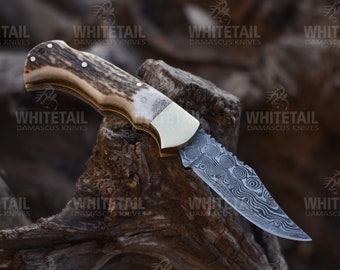 Handmade Antler Folding Knife, Stag Antler Knife, Damascus Steel Pocket Knife, Housewarming Gift, Unique Gift for Boyfriend, Engraved Gifts