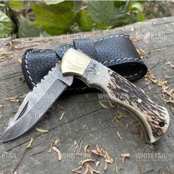 Groomsmen Gifts, Stag Horn Folding Knife, Damascus Steel Blade, Handcrafted Pocket Knife, Wedding Gift, Custom Birthday Gift, Gift for Him