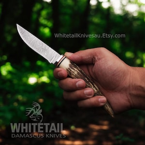 Handmade Damascus Knife Hunting knife Deer Antler/ Stag Horn Handle with Custom Sheath Camping knife Engraved Knife A perfect gift for him