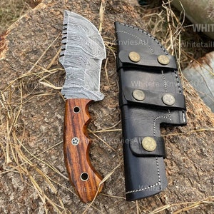 Custom Handmade Tracker Knife, Damascus Steel Hunting Knife, Camping Knife, Rose Wood Handle with Leather Best Birthday Gift & Anniversary