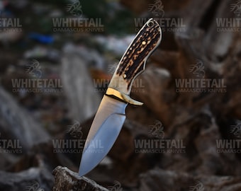 Stag Antler Hunting Knife, Forged Deer Horn Knife with Leather, Engraved Gift for Dad, Gift for Brother, Christmas Gift for Family & Friends