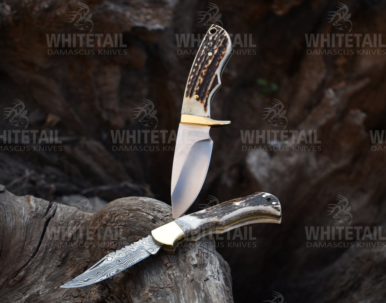 Stag Antler Knife, Tool Steel Knife, Deer Antler Hunting Knife, Personalized Pocket Knife