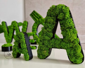 Unique 3D printed letters filled with moss, personalised alphabet plant wall decor, natural office greenery symbols, wedding design