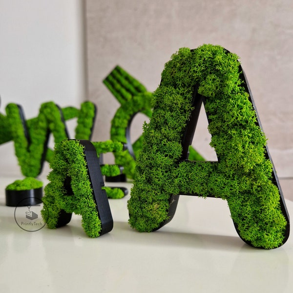 Unique 3D printed letters filled with moss, personalised alphabet plant wall decor, natural office greenery symbols, wedding design