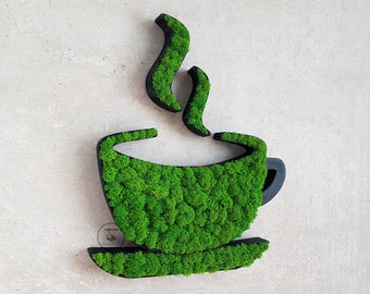 Cup of coffee filled with moss, coffe cup wall decoration, coffee bar signboard, tea bar themed wall art sign