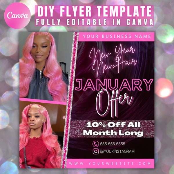 January New Year New Hair Offer Flyer, DIY Premade Flyers, New Year Appointment Flyer, Hair Stylist Braider Salon Appointments, Book Now