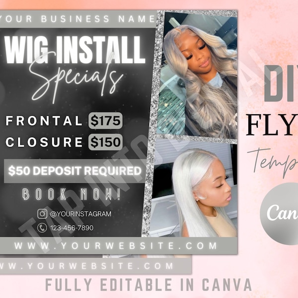 Wig Install Specials Flyer, Appointments Available, Hair Price List, Booking Salon Template, Wig Special Deals, Canva Flyer Templates