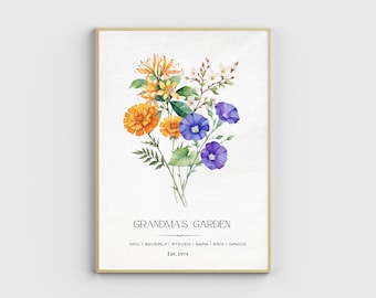 Grandma's Garden Birth Flower Print for Nana, Birth Flower Bouquet, Grandchildren Names Digital Art, Personalized Christmas Gift for Grandma