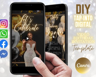 Modèle sur toile d'invitation d'anniversaire vidéo personnalisée : DIY personnalisé fait main en téléchargement numérique Ajoutez votre photo Fêtez votre anniversaire avec style !