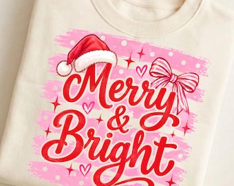 Merry and Bright PNG, Pink Christmas Sublimation Design, Coquette Christmas Bow PNG, Cute Holiday Shirt Digital Download