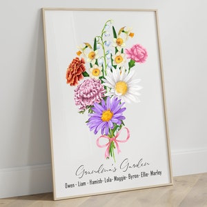 Mother's Day Gift Birth Flower Portrait Print Family Garden Gift For Mom Personalized Gift For Grandma Birth Flower Bouquet Custom Wall Art