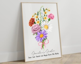 Mother's Day Gift Birth Flower Portrait Print Family Garden Gift For Mom Personalized Gift For Grandma Birth Flower Bouquet Custom Wall Art