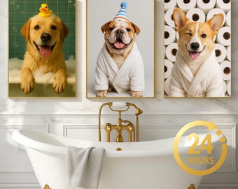 May include: Three framed dog portraits. A golden retriever in a bathtub with a rubber duck, a bulldog in a robe and party hat, and a corgi in a robe with toilet paper rolls in the background. The images are displayed above a white bathtub.
