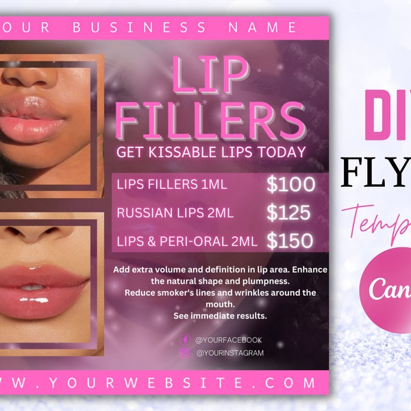 Lip Fillers Flyers Canva Editable Social Media Flyer Botox Fillers Instagram Post Digital Templates Lip Injections Book Now Bookings Open