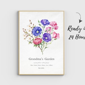 Birth Flowers Family Bouquet Print, Custom Birthday Gift For Mom, Personalized Digital Birth Month Flower Art, Mothers Day Gift for Grandma