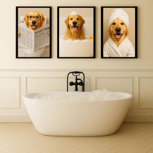 May include: Three framed prints of Golden Retrievers. One dog wears glasses and reads a newspaper, another bathes in bubbles, and the third wears a towel and robe. A white bathtub is in the foreground.