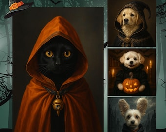 Custom Halloween Pet Portrait, Unique Halloween, Portrait Art Design, Witch-Themed Portrait, Spooky Season, Digital Download, Cute Ghost