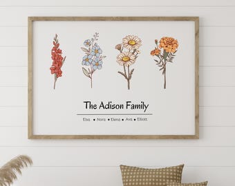 Birth Flowers Family Bouquet Print, Custom Birthday Gift For Mom, Mothers Day Gift for Grandma, Birth Month Flower Art, Personalized Digital