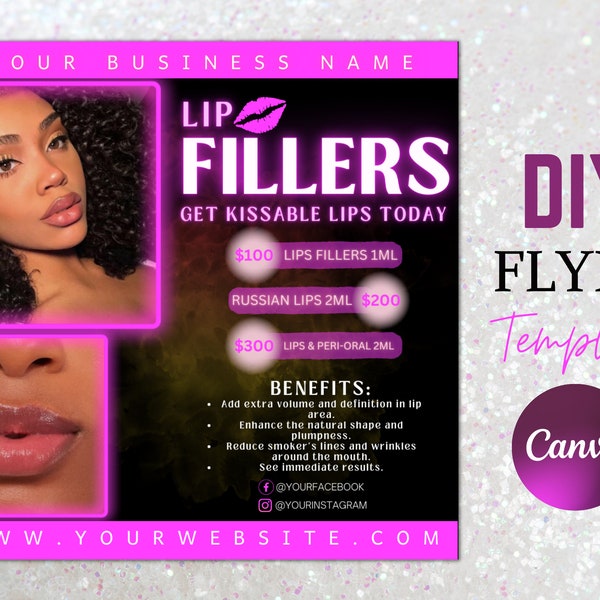 Lip Filler Flyers, Editable Social Media Canva Flyer, Botox Filler Posts, Instagram Post Templates, Lip Injections Flyer, Book Now Flyer