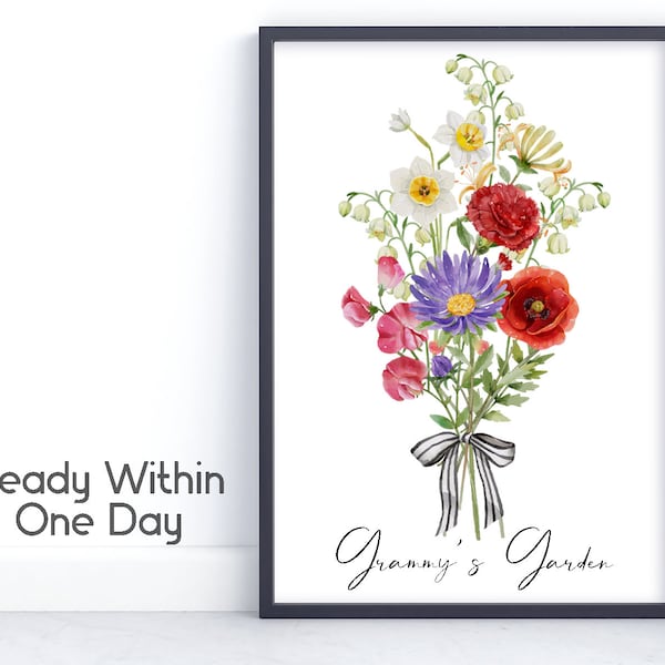 Mothers Day Gift For Grandma Birth Flower Bouquet Portrait Home Decor Personalized Gift Custom Mother Day Gift For Mom Love Birth Flower Art