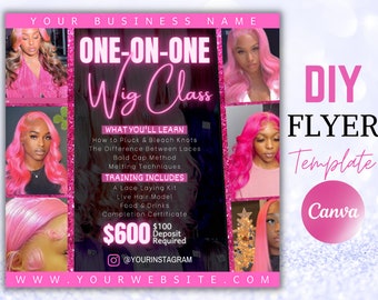 DIY Lace Wig Class Canva Editable Flyer Book Now Template Hairstylist Instagram Post Template Social Media Facebok Twitter Advertising Flyer