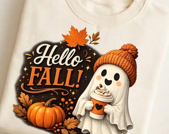 Hello Fall Ghost PNG, Cute Autumn Ghost with Coffee Sublimation Design, Pumpkin Fall Shirt PNG Digital Download