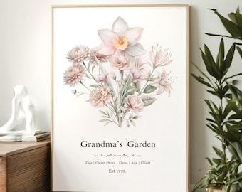 Birth Flowers Family Bouquet Print, Custom Birthday Gift For Mom, Mothers Day Gift for Grandma, Birth Month Flower Art, Personalized Digital