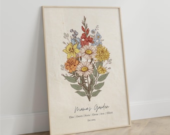 Birth Flower Family Bouquet, Family Flower Wall Print, Custom Birth Flower, Floral Name Art, Birth Month Flower Poster, Digital Download