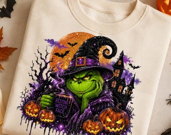 Resting Witch Face PNG, Green Witch Halloween Sublimation Design, Spooky Pumpkin Shirt PNG Digital Download