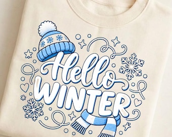 Hello Winter PNG, Blue Snowflake Sublimation Design, Winter Shirt PNG, Cozy Christmas Sweater Digital Download