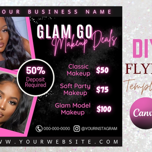 Editable Glam Go Makeup Special Deals Template, Custom Makeup Pricing Flyer, Book Now Makeup Artist Flyers, Beauty business Canva Template