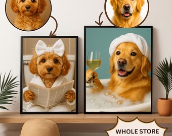 May include: Two framed dog portraits. One shows a dog in a white robe and bow, reading a newspaper. The other shows a dog in a bathtub with a white towel on its head, holding a glass of wine. A straw hat sits on a shelf below.