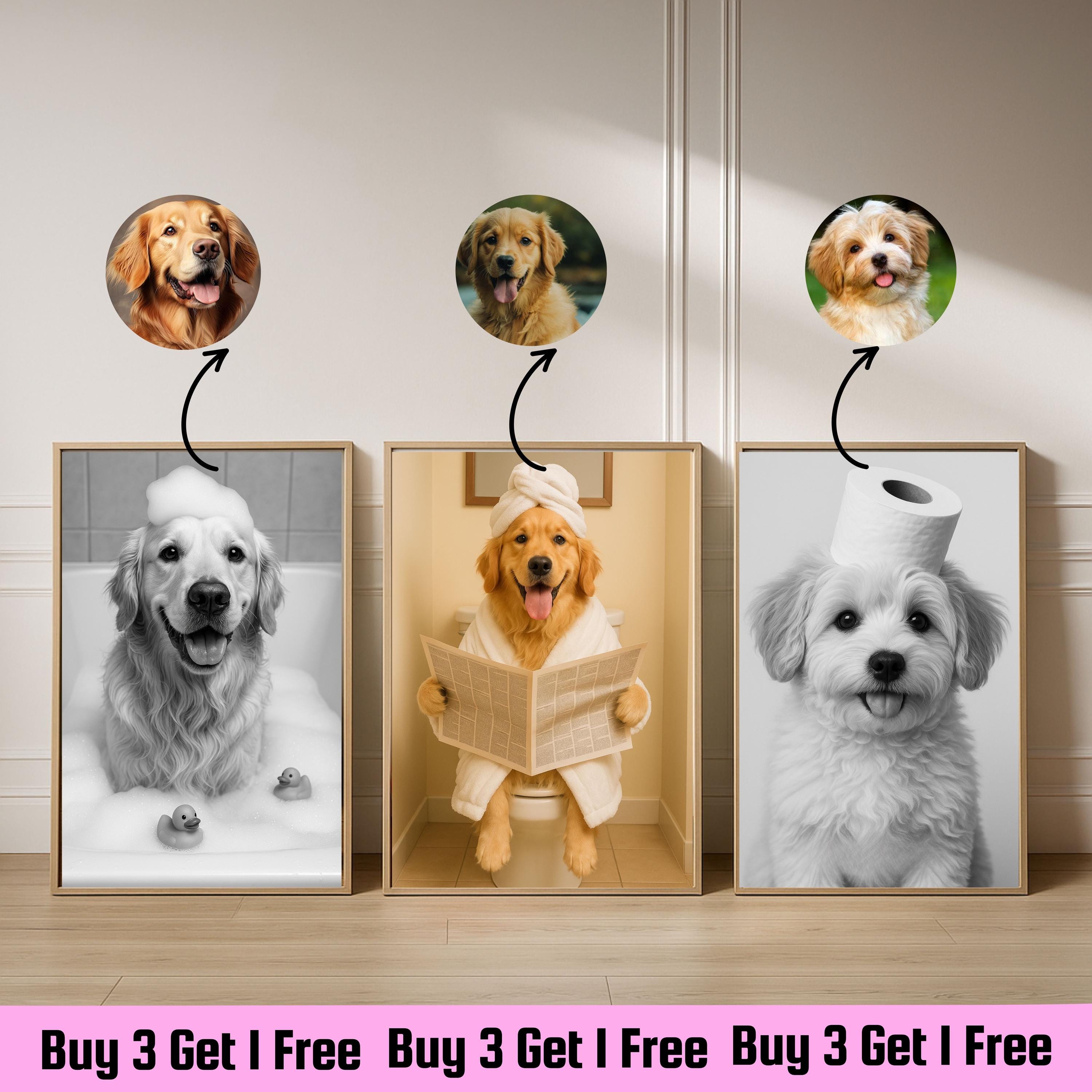 Personalized Pet Bath Portrait, Custom Pet Portrait Photo, Funny Pet Wall Decor, Pet Gift, Dog Wall Art, Funny Dog Illustration For Bathroom