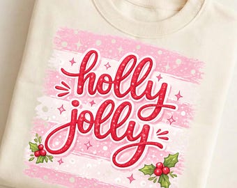 Holly Jolly Christmas PNG, Pink Christmas Sublimation, Retro Holiday Shirt Design, Festive Digital Download