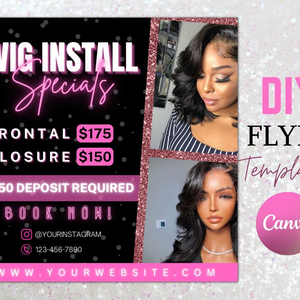 Custom Wig Install Specials Flyer, Appointments Available, Hair Price List, Booking Salon Template, Wig Special Deals, Canva Flyer Templates