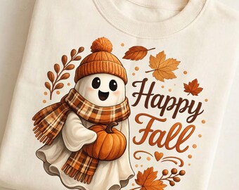 Happy Fall Ghost PNG, Cute Autumn Ghost Sublimation Design, Pumpkin Fall Shirt PNG, Cozy Fall Digital Download