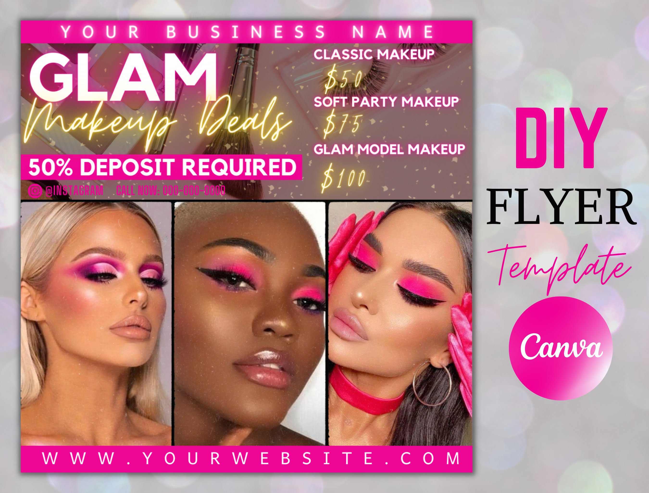 Editable Glam Makeup Special Deals Template Flyer Custom Makeup Pricing  Flyer, Book Now Makeup Artist Flyers, Beauty Business Canva Template 