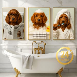 Peut inclure: Trois impressions encadrées représentant un chien roux dans une salle de bain. L'une montre le chien portant des lunettes et lisant un journal. Une autre montre le chien dans un bain moussant. La troisième montre le chien se brossant les dents.