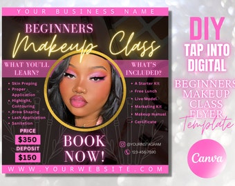 Beginners Makeup Training Course Canva Flyer Template DIY Editable Makeup Tech Beauty Salon Class Flyer MUA Cosmetics PMU Instagram Flyer