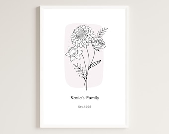 Birth Flowers Family Bouquet Print, Custom Birthday Gift For Mom, Mothers Day Gift for Grandma, Birth Month Flower Art, Personalized Digital